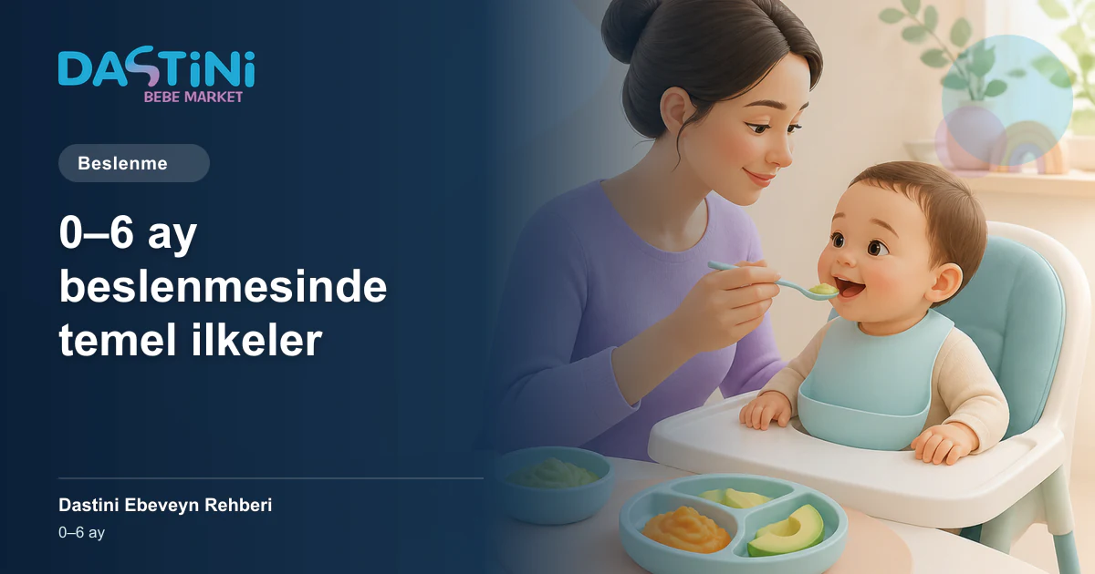 0–6 ay beslenmesinde temel ilkeler için Dastini Ebeveyn Rehberi kapak illüstrasyonu