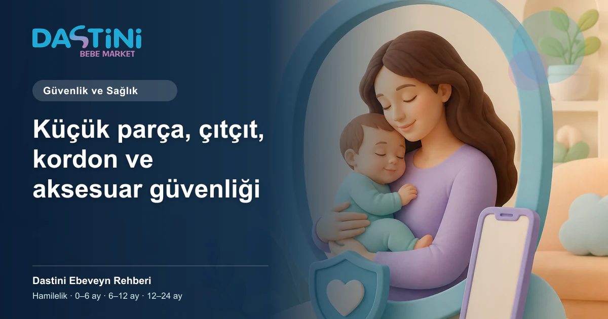 Küçük parça, çıtçıt, kordon ve aksesuar güvenliği için Dastini Ebeveyn Rehberi kapak illüstrasyonu