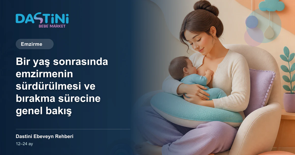 Bir yaş sonrasında emzirmenin sürdürülmesi ve bırakma sürecine genel bakış için Dastini Ebeveyn Rehberi kapak illüstrasyonu