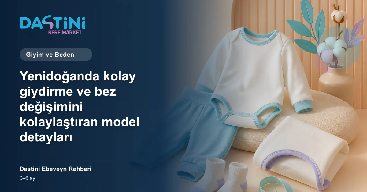 Yenidoğanda kolay giydirme ve bez değişimini kolaylaştıran model detayları için Dastini Ebeveyn Rehberi kapak illüstrasyonu